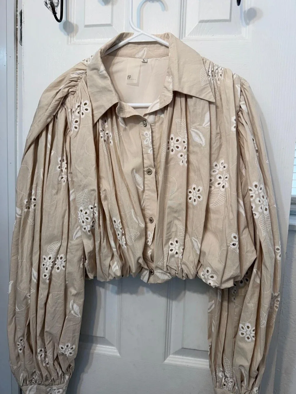 Beige Eyelet Puff-Sleeve Button-Down Shirt
